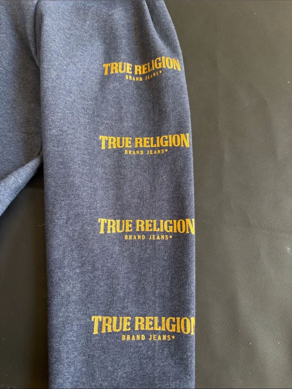 True Religion Buddha Graphic Pullover Hoodie Navy Blue Gold Logo Sleeve Large